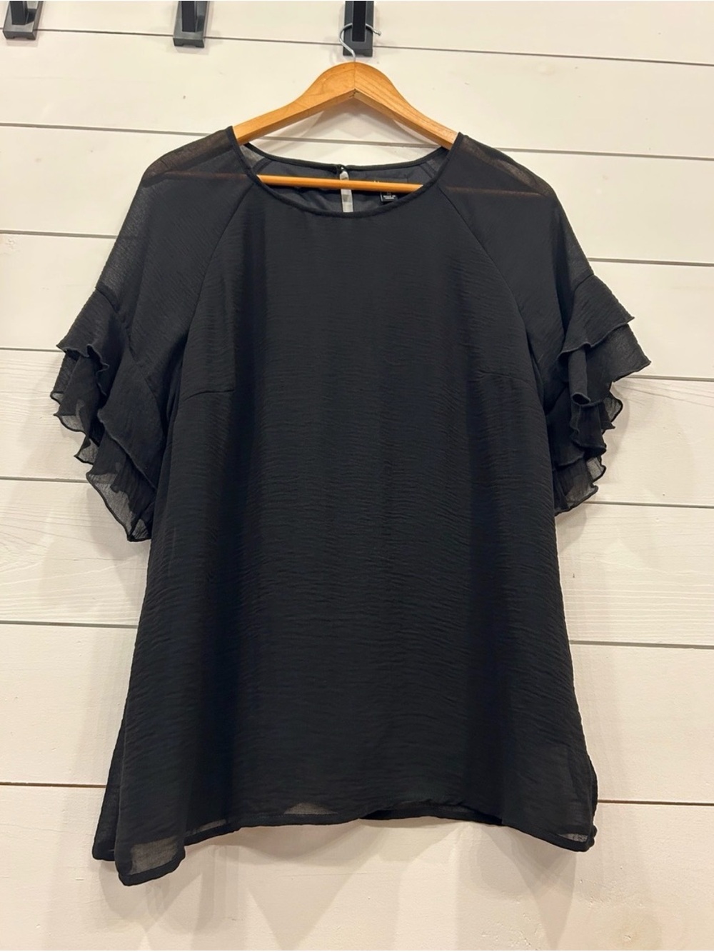 Chiffon Black Ruffle Sleeve Women's Top - Picture 2 of 6